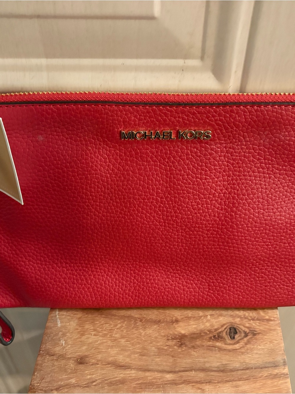 Michael Kors Red Pebbled Clutch with Gold Logo FLAWS